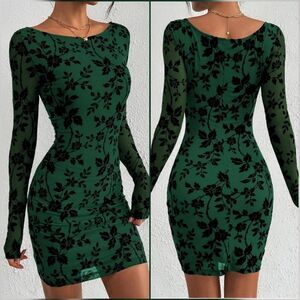 ☔️🩵⏭️NWT Green Flocked Bodycon Mesh Long Sleeve Dress Small